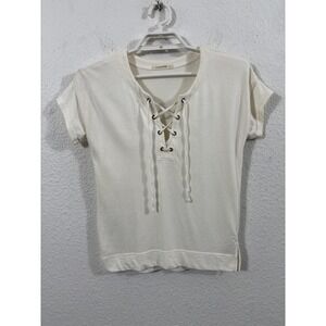 Marine Layer Shirt Womens Small White Lace Up V Neck Short Sleeve Cotton Modal
